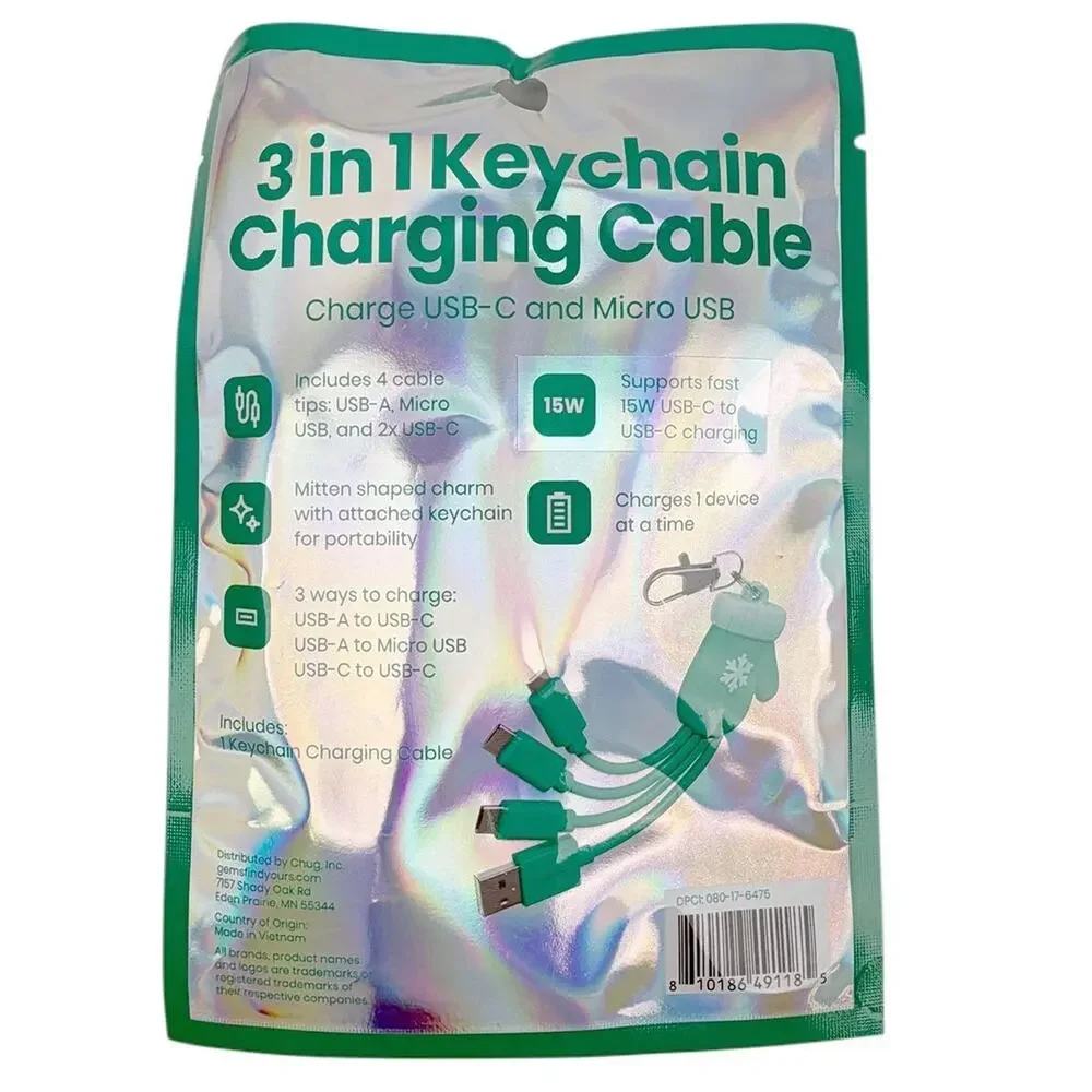 3-in-1 Keychain Charging Cable USB-C Micro USB Fast Charge 15W Portable Key Ring